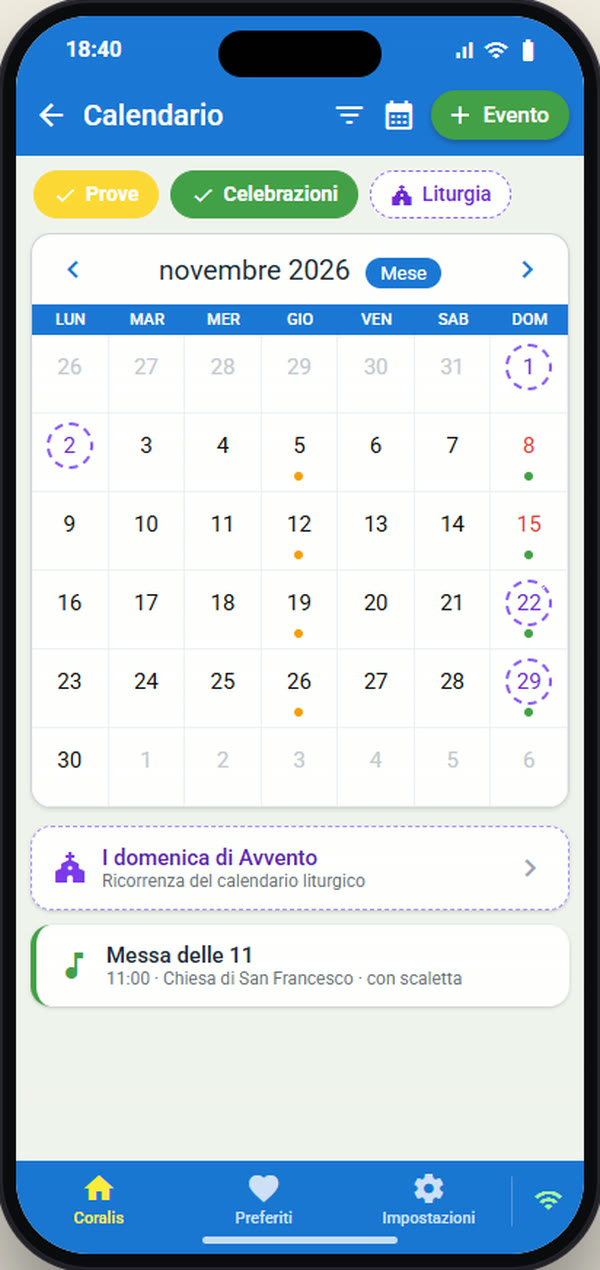 Il calendario di un coro in Coralis: prove, celebrazioni e ricorrenze liturgiche