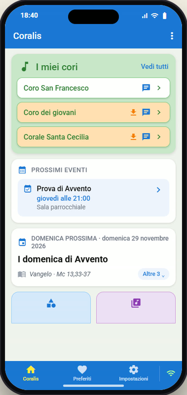 La home di Coralis con tre cori, i prossimi eventi e la liturgia della domenica