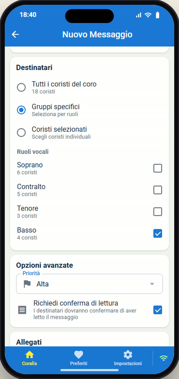 Un nuovo messaggio in Coralis: la scelta dei destinatari per sezione