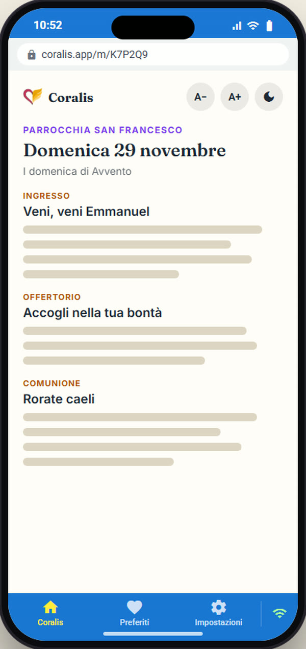 La pagina pubblica dei canti della messa, aperta dal telefono inquadrando il QR