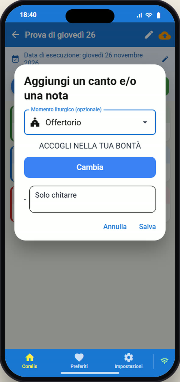 Aggiunta di un canto a una scaletta in Coralis: momento liturgico, canto e appunto