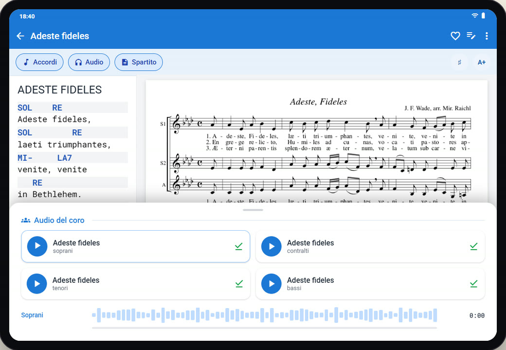 Coralis su tablet: lo spartito accanto al testo e le tracce audio delle quattro voci