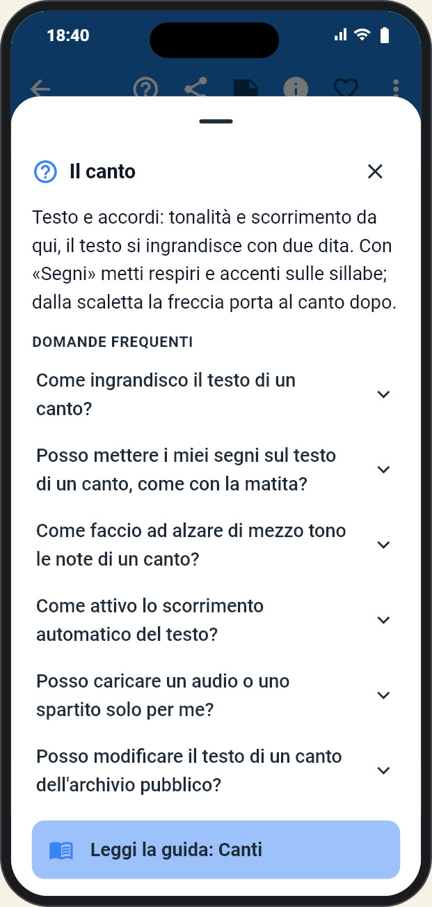 Il foglio dell'aiuto aperto dal «?» del canto: la spiegazione della schermata e sei domande frequenti, fra cui «Posso mettere i miei segni sul testo di un canto, come con la matita?»