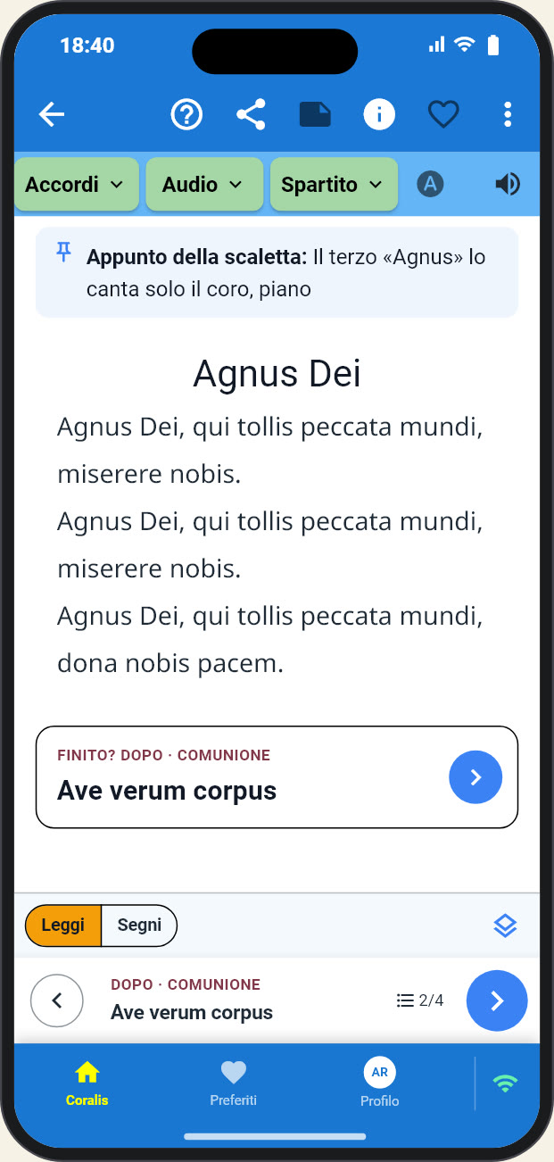 L'«Agnus Dei» aperto dalla scaletta: in cima l'appunto della scaletta, in fondo al testo la card «Finito? Dopo · Comunione — Ave verum corpus» e la barra «Dopo · Comunione» con le frecce