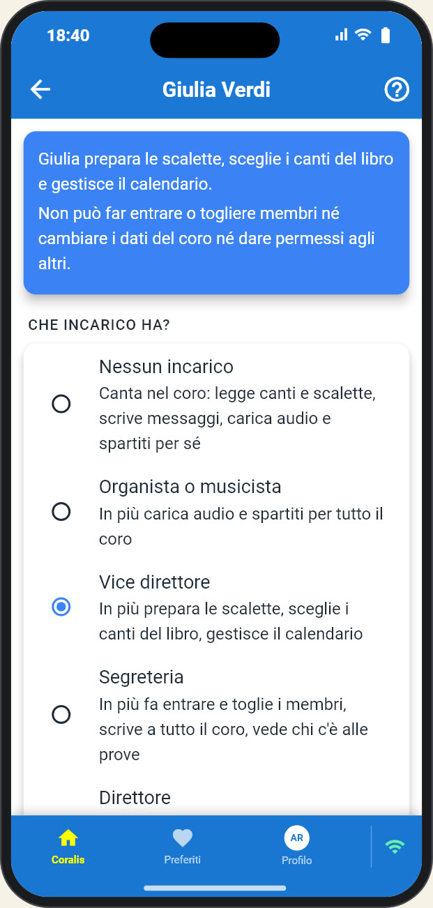 La pagina di Giulia Verdi in «Chi può fare cosa»: la frase che riassume cosa può fare e la scelta dell'incarico, con «Vice direttore» selezionato