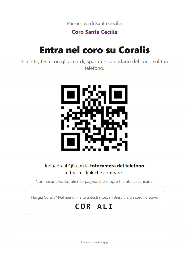 Il foglio A4 «Entra nel coro su Coralis» di un coro d'esempio: il QR grande, le istruzioni per inquadrarlo e il codice da scrivere in «Unisciti a un coro»