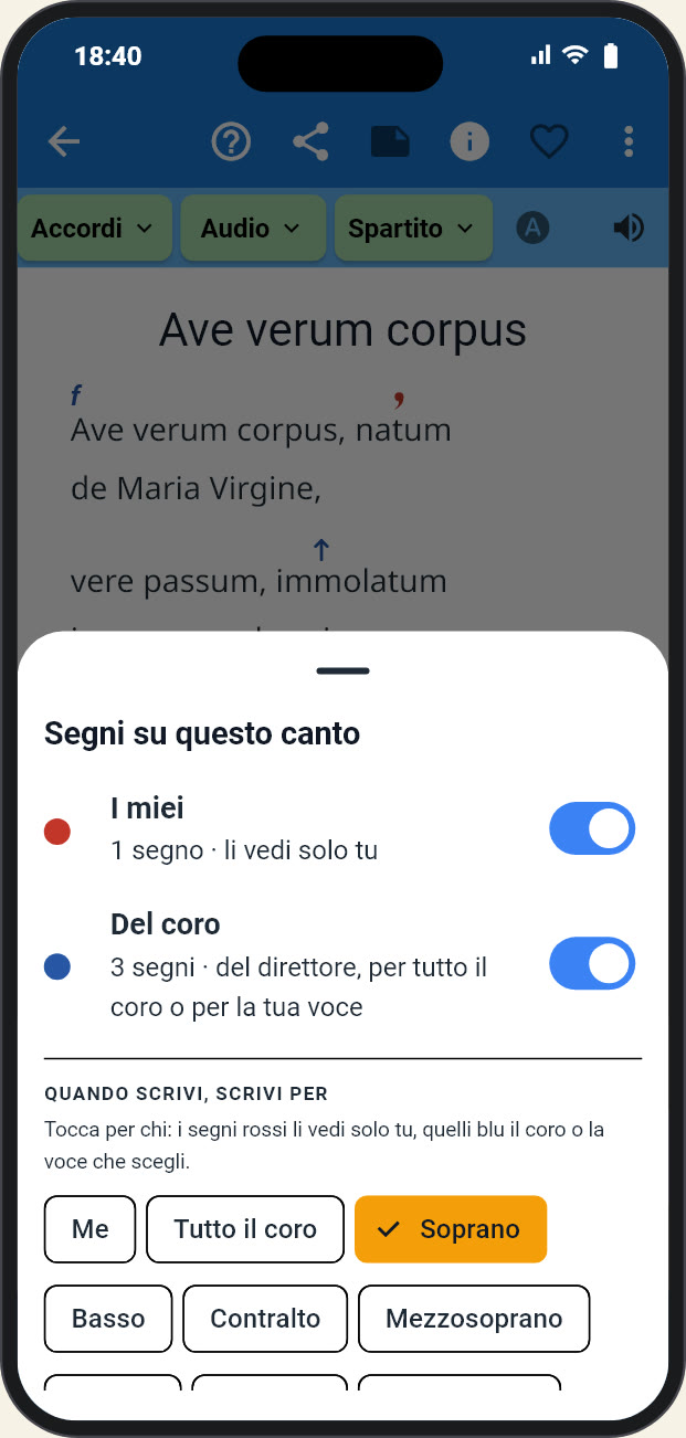 Il foglio «Segni su questo canto»: gli interruttori «I miei» e «Del coro» e, sotto «Quando scrivi, scrivi per», le scelte «Me», «Tutto il coro» e le voci, con «Soprano» scelto